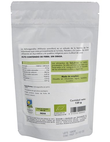 Ashwagandha En Polvo 125Gr. Bio Sg S/A Vegan de Salud Viva