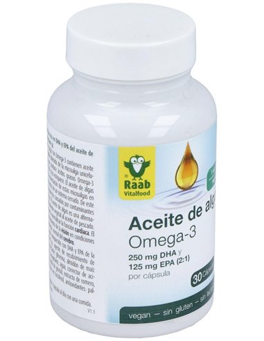Aceite de alga Omega 3 vegetal, cápsulas 1183 mg, bote 30ud de Raab Vitalfood