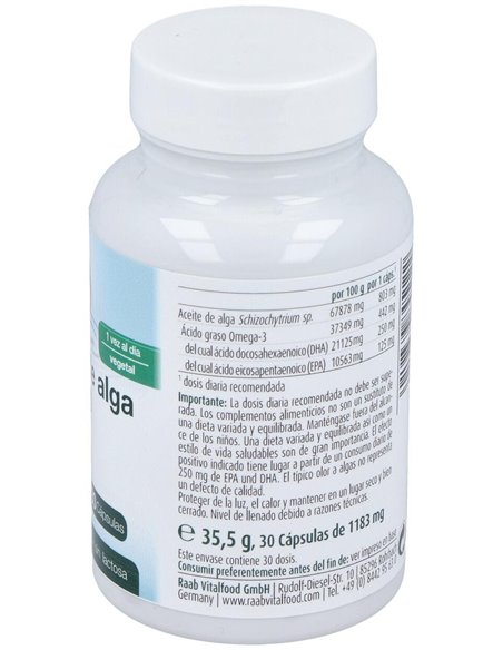 Aceite de alga Omega 3 vegetal, cápsulas 1183 mg, bote 30ud de Raab Vitalfood