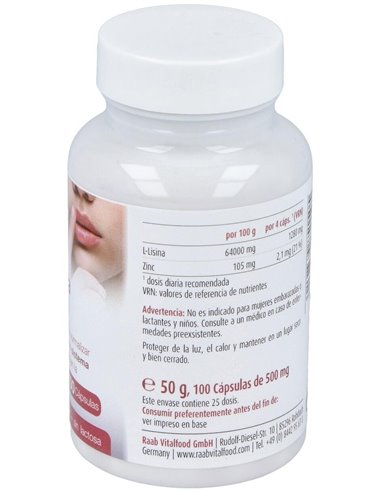 L-Lisina con zinc cápsulas 480mg, bote 100 und. de Raab Vitalfood