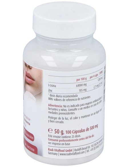 L-Lisina con zinc cápsulas 480mg, bote 100 und. de Raab Vitalfood