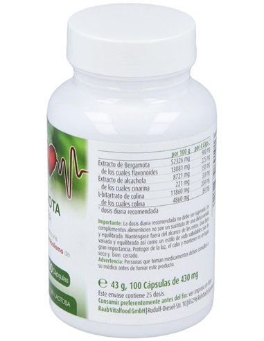 Bergamota y Alcachofa cápsulas 430mg, bote 100ud de Raab Vitalfood