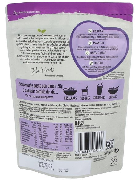 Semillas de Lino, Girasol, Calabaza, Chía y Bayas de Goji Molidas Bio 200 g de Linwoods