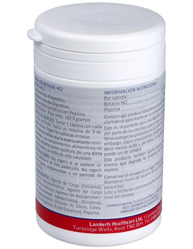 Betaína HCl 324 mg y Pepsina 5 mg de Lamberts