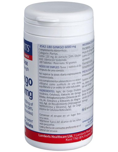 Ginkgo Biloba 6000 mg 180 Tabs.  de Lamberts