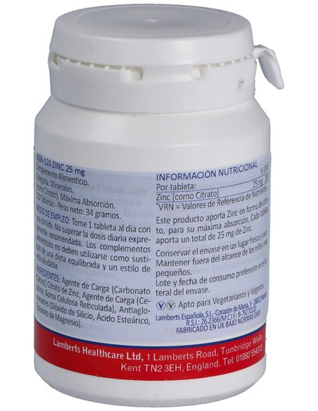 Zinc 25 mg (Como citrato) 120 Tabs. de Lamberts