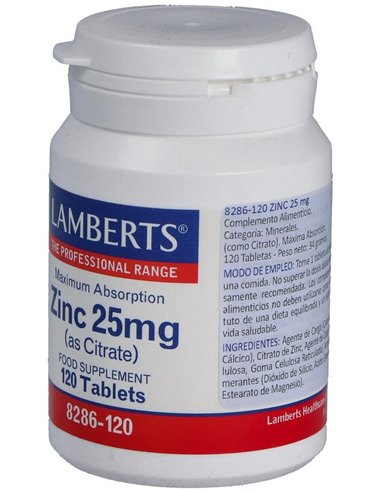 Zinc 25 mg (Como citrato) 120 Tabs. de Lamberts