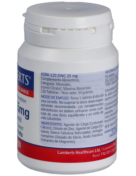 Zinc 25 mg (Como citrato) 120 Tabs. de Lamberts