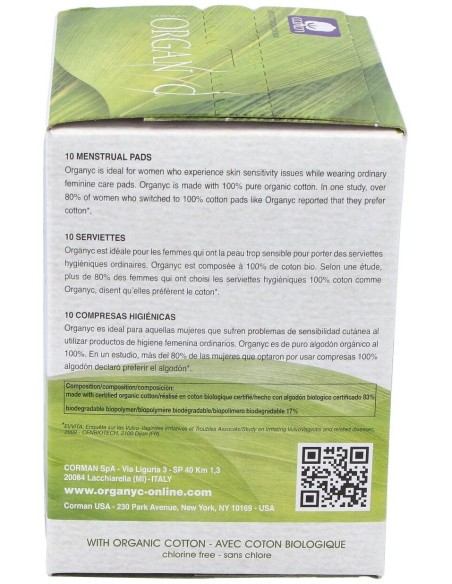 Compresas noche c/alas (bolsa ind) 100% algodón orgánico, 10ud de Organyc