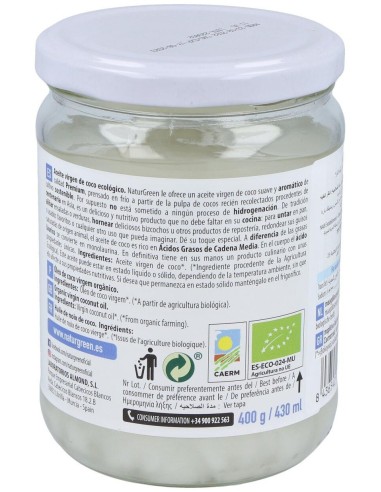 Aceite Virgen De Coco 1ª Presion Frio 400Gr. Bio de Naturgreen