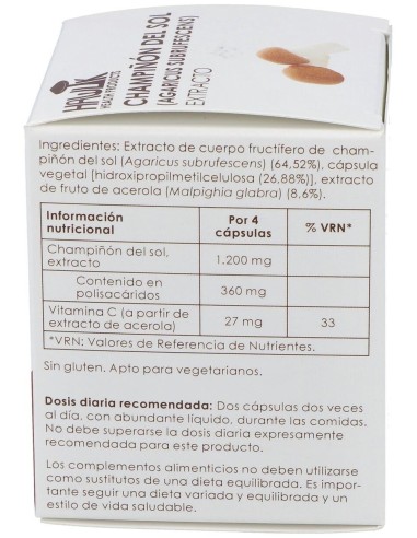 Champiñón Del Sol (Agaricus Subrufescens). Extracto Puro. Bio 60 Vcáps de Hawlik