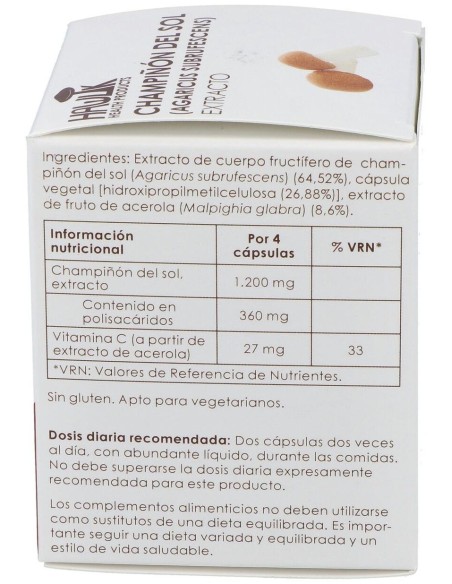 Champiñón Del Sol (Agaricus Subrufescens). Extracto Puro. Bio 60 Vcáps de Hawlik
