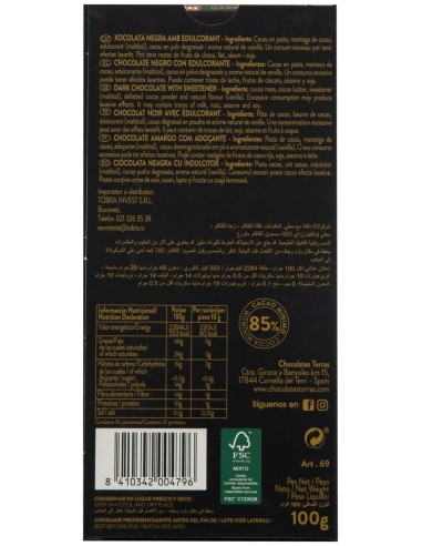 Chocolate Cacao 85% Zero 100Gr de Torras