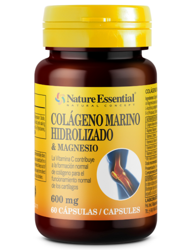 Colágeno marino + magnesio 600 mg. 60 cápsulas con vitamina C y vitaminas B-6, B-9 y B-12. de Nature Essential