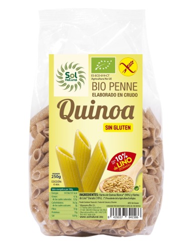 Penne De Quinoa Con Lino Bio S/Gluten 250 Gramos  Sol Natural