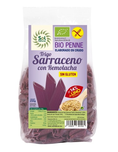 Penne T.Sarraceno Remolacha-Lino Bio S/G 250 Gramos  Sol Natural