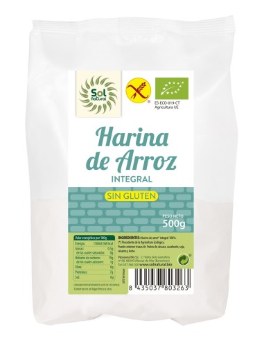 Harina De Arroz Integral Sin Gluten Bio 500 Gramos  Sol Natural
