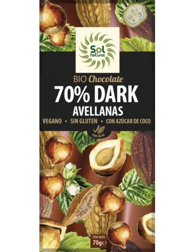 Tableta Chocolate Dark 70% Y Avellanas Bio 70 Gramos  Sol Natural