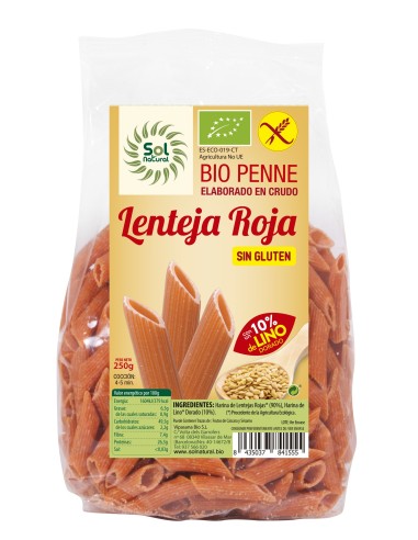 Penne Lenteja Roja Con Lino Bio S/Gluten 250 Gramos  Sol Natural