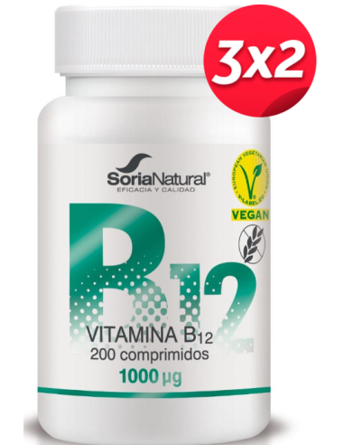 Pack 3x2 Vitamina B12 1.000 µg 200 comprimidos de liberacion sostenida de Soria Natural