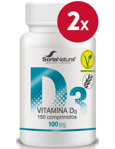 Pack 2 uds Vitamina D3 150 comprimidos 100 µg  liberación sostenida de Soria Natural