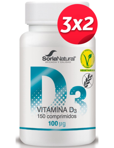 Pack 3x2 Vitamina D3 150 comprimidos 100 µg  liberación sostenida de Soria Natural