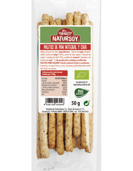 Palitos de trigo integral y chía Natursoy 50 g – Snack saludable