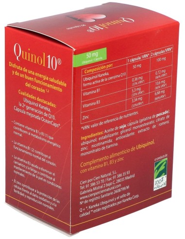 Quinol10®-50mg. 90. Caja con 90 cápsulas de 50mg de Ubiquinol (en blíster)