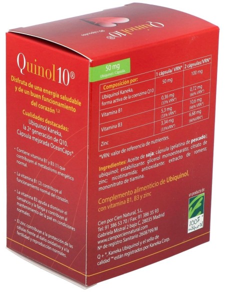 Quinol10®-50mg. 90. Caja con 90 cápsulas de 50mg de Ubiquinol (en blíster)