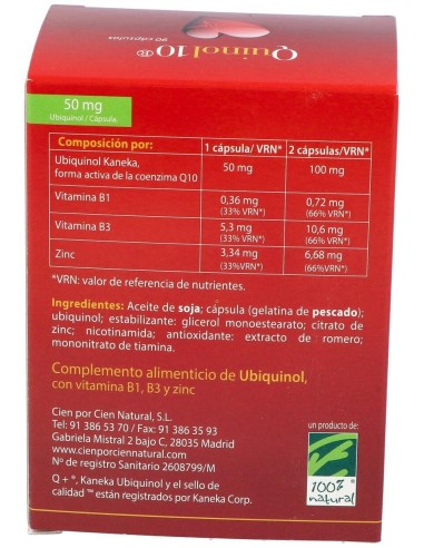 Quinol10®-50mg. 90. Caja con 90 cápsulas de 50mg de Ubiquinol (en blíster)