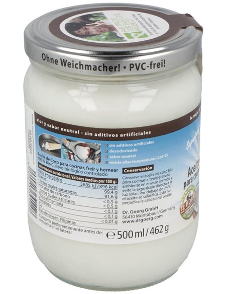 Aceite De Coco Premium Para Cocinar 500Ml. Bio de Dr. Goerg