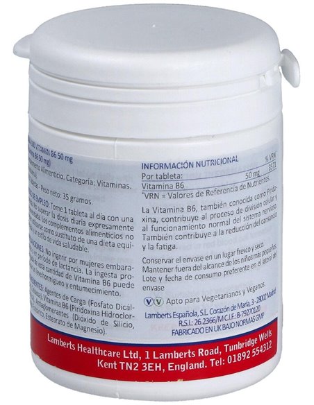 Vitamina B6 50 mg (Piridoxina) 100 Tabs. de Lamberts