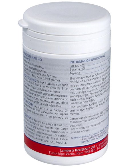 Betaína HCl 324 mg y Pepsina 5 mg 180 Tabs. de Lamberts