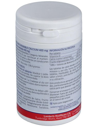 Calcio Masticable 400 mg (Con Vitamina D3 y FOS) de Lamberts