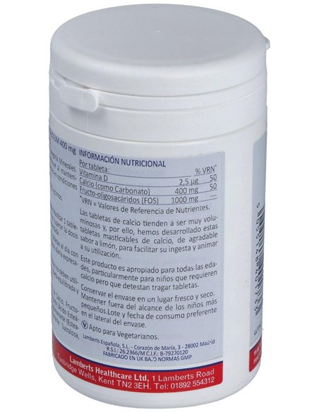 Calcio Masticable 400 mg (Con Vitamina D3 y FOS) 60 Tabs. de Lamberts