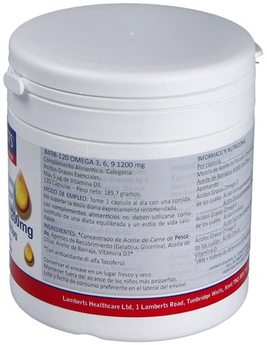 Omega 3,6,9 1200 mg + Vitamina D3 120 Caps. de Lamberts