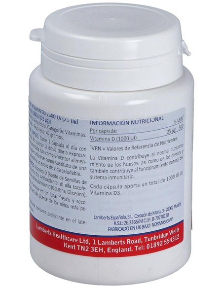 Vitamina D3 1000 UI (25 µg) 120 Caps. de Lamberts