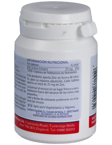 Zinc 25 mg (Como citrato) 120 Tabs. de Lamberts