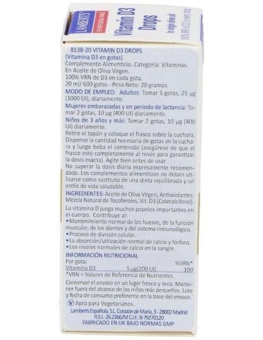 Vitamina D3 líquida 20 ml / 600 gotas 20 ml de Lamberts