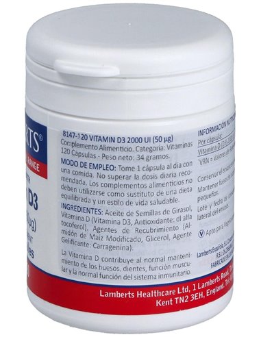 Vitamina D3 2000 UI (50 µg) 120 Caps. de Lamberts