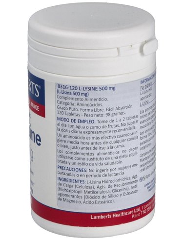 L-Lisina HCl 1000 mg 120 Tabs. de Lamberts