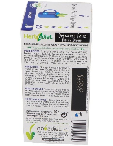 Herbodiet Descanso Feliz Envase de 20 bolsitas filtro de 1,5 g. de Novadiet