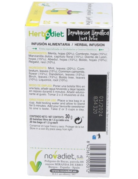 Herbodiet Depuracion Hepatica Envase de 20 bolsitas filtro de 1,5 g. de Novadiet