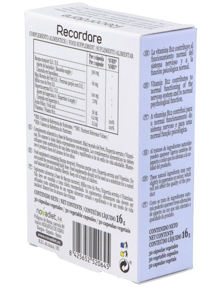 Recordare Envase de 30 cápsulas vegetales. de Novadiet