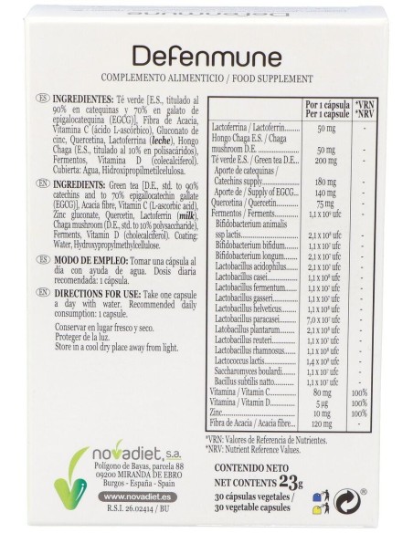 Defenmune Envase de 30 cápsulas vegetales. de Novadiet