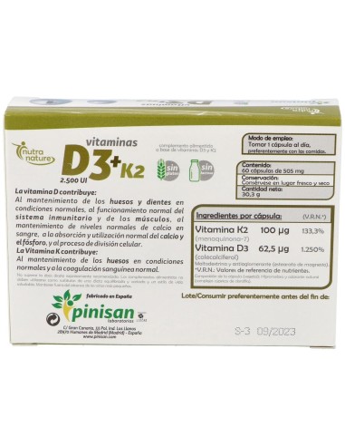 Vitamina D3+K2  2500ui 60Cap. de Pinisan