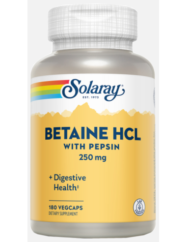 Betaína HCl con Pepsina 250 mg - 180 Cápsulas Vegetales Solaray