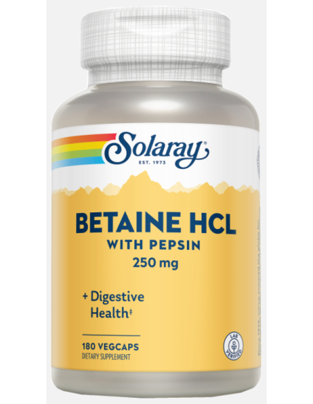 Betaína HCl con Pepsina 250 mg - 180 Cápsulas Vegetales Solaray