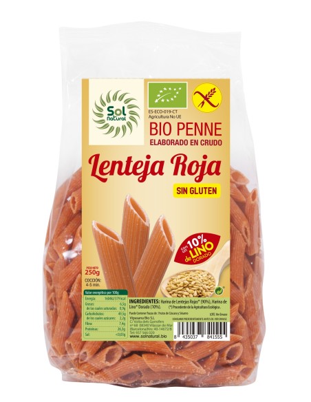 Penne Lenteja Roja Con Lino Bio S/Gluten 250 Gramos  Sol Natural